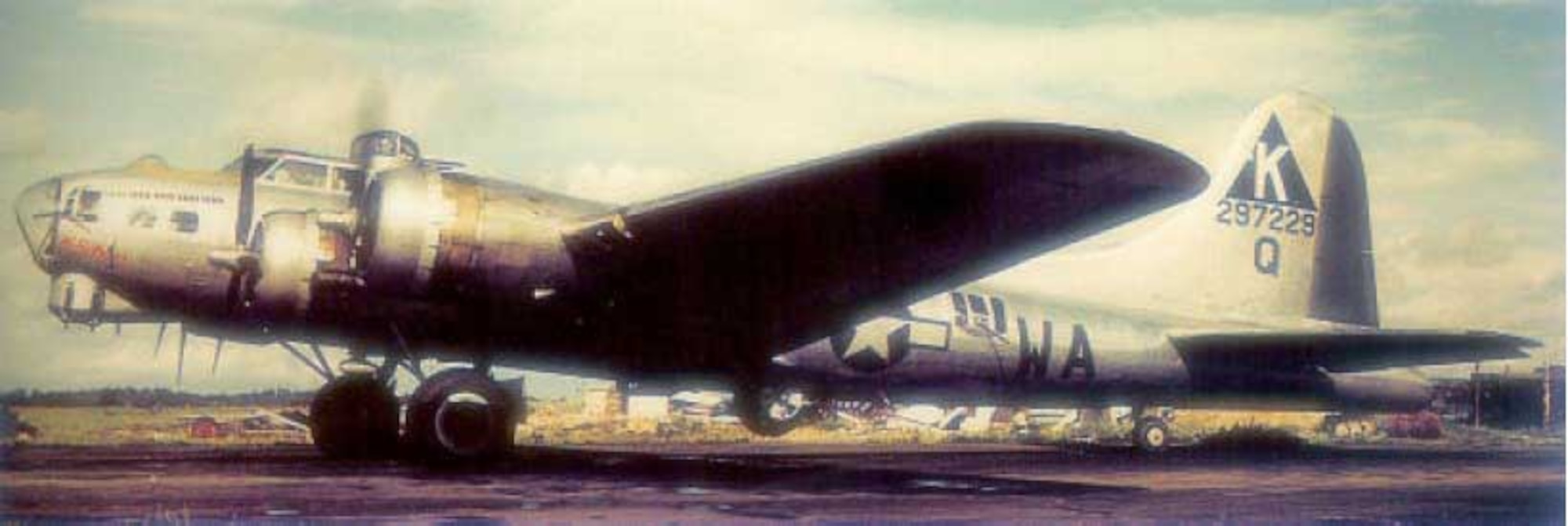 This painting of a B-17 Flying Fortress, like the one flown by Capt. Shawn Jensen's grandfather 2nd Lt. Harry Burdette in World War II against Nazi Germany, displays the 379th Bombardment Group's assigned code letter K painted in a triangle on the tail of the aircraft. The 379's planes were assigned the letter K and were known as the Triangle K Group according to the 379th Air Expeditionary Wing's heritage pamphlet. Today, B-52 Stratofortress' assigned to the 379th AEW continue that tradition with a Triangle K apainted on their fuselage. (Courtesy photo-Richard Burdette/Released)