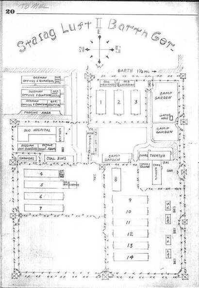 This is a map of the prisoner of war camp where 2nd Lt. Harry Burdette, 379th Bombardment B-17 Flying Fortress pilot,was held after being shot down over Nazi Germany. Burdetter was the grandfather of Capt. Shawn Jensen, a E-8C Joint Surveillance Target Attack Radar System pilot with the 763rd Expeditionary Reconnaisance Squadron.  He was a prisoner of war for the next 18 months in Barth, Germany. (Courtesy photo/Richard Burdette/Released)