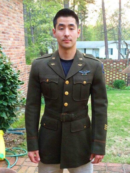 Capt. Shawn Jensen, a E-8C Joint Surveillance Target Attack Radar System pilot with the 763rd Expeditionary Reconnaisance Squadron, discovered his grandfather's Class A jacket from his Army Air Corps jacket and tried it on. His grandfather was a B-17 Flyng Fortress pilot with 379th Bombardment Group, today's 379th Air Expeditionary Wing traces its heritage to the 379th BG. (Courtesy photo/Capt. Shawn Jensen/Released)