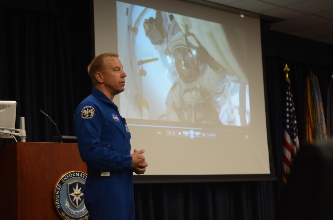 NASA astronaut Timothy L. Kopra, a flight engineer for Expedition 46 and the mission commander for Expedition 47, details his experience on board the International Space Station to faculty and students at the Defense Information School  on Sept. 13, 2016. Kopra’s visit to DINFOS is part of his 180-day post-flight tour as NASA participates in public outreach operations. After his 20-minute flight video, the faculty and students asked questions ranging from the smell of the space station to what riding on a rocket was like.