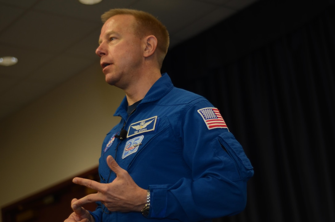 NASA astronaut Timothy L. Kopra, a flight engineer for Expedition 46 and the mission commander for Expedition 47, details his experience on board the International Space Station to faculty and students at the Defense Information School  on Sept. 13, 2016. Kopra’s visit to DINFOS is part of his 180-day post-flight tour as NASA participates in public outreach operations. After his 20-minute flight video, the faculty and students asked questions ranging from the smell of the space station to what riding on a rocket was like.