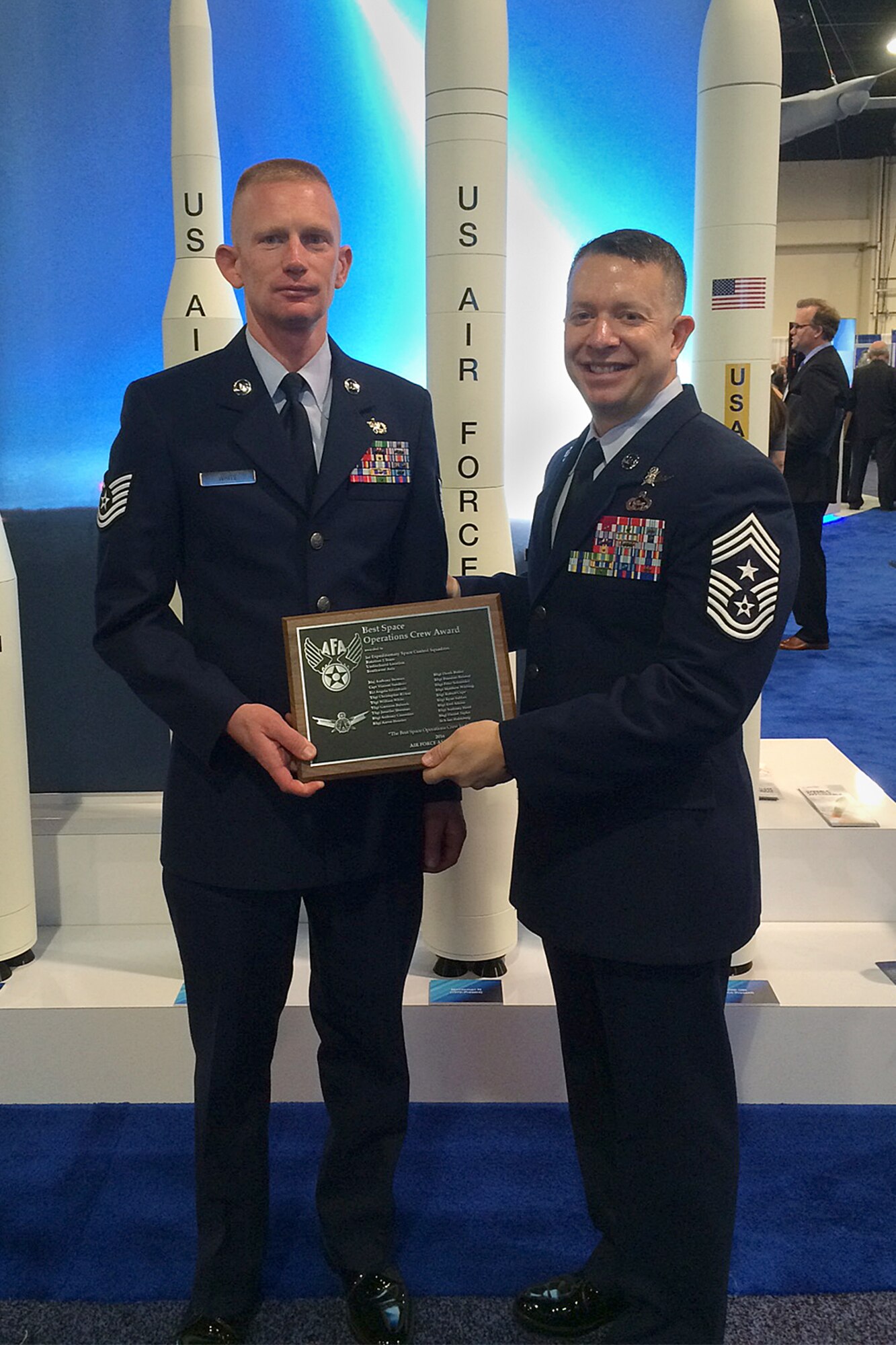 NATIONAL HARBOR, Maryland - Tech. Sgt. William White, 4th Space Control Squadron, accepts the award for Air Force Space Crew of the Year, given by the Air Force Association during an awards ceremony in National Harbor, Md., Sept. 19, 2016. The award was accepted on behalf of deployed teammates. (Courtesy photo)