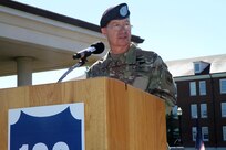 Brig. Gen. Jason L. Walrath, the outgoing commander of the 100th Training Division Operations Support, addresses his troops and the assembled family and friends during a Sunday morning Change of Command Ceremony at Brooks Parade FIeld, Fort Knox, Ky. on Sept. 11, 2016. Walrath first took command of the 100th Division back in September of 2014 and will go on to become the Deputy Commanding General - Support of the U.S. Army Recruiting Command. Brig. Gen. Aaron T. Walter assumed command of the 100th Division from Walrath during the formal ceremony.