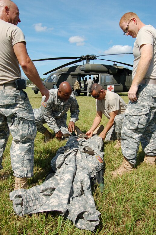 Army Reserve Medical Command Soldiers from Tampa-based 7222nd Medical Support Unit joined Soldiers from F Company, 5-159th Aviation MEDEVAC unit and Air Force personnel with 927th Aeromedical Staging Training Squadron to execute their portion of the MASCAL exercise on MacDill Air Force Base.  Training for mass casualty events is conducted to improve efficiencies in how patients are handled to address as many affected personnel as possible based on the severity of the injury and number of patients needing assistance.