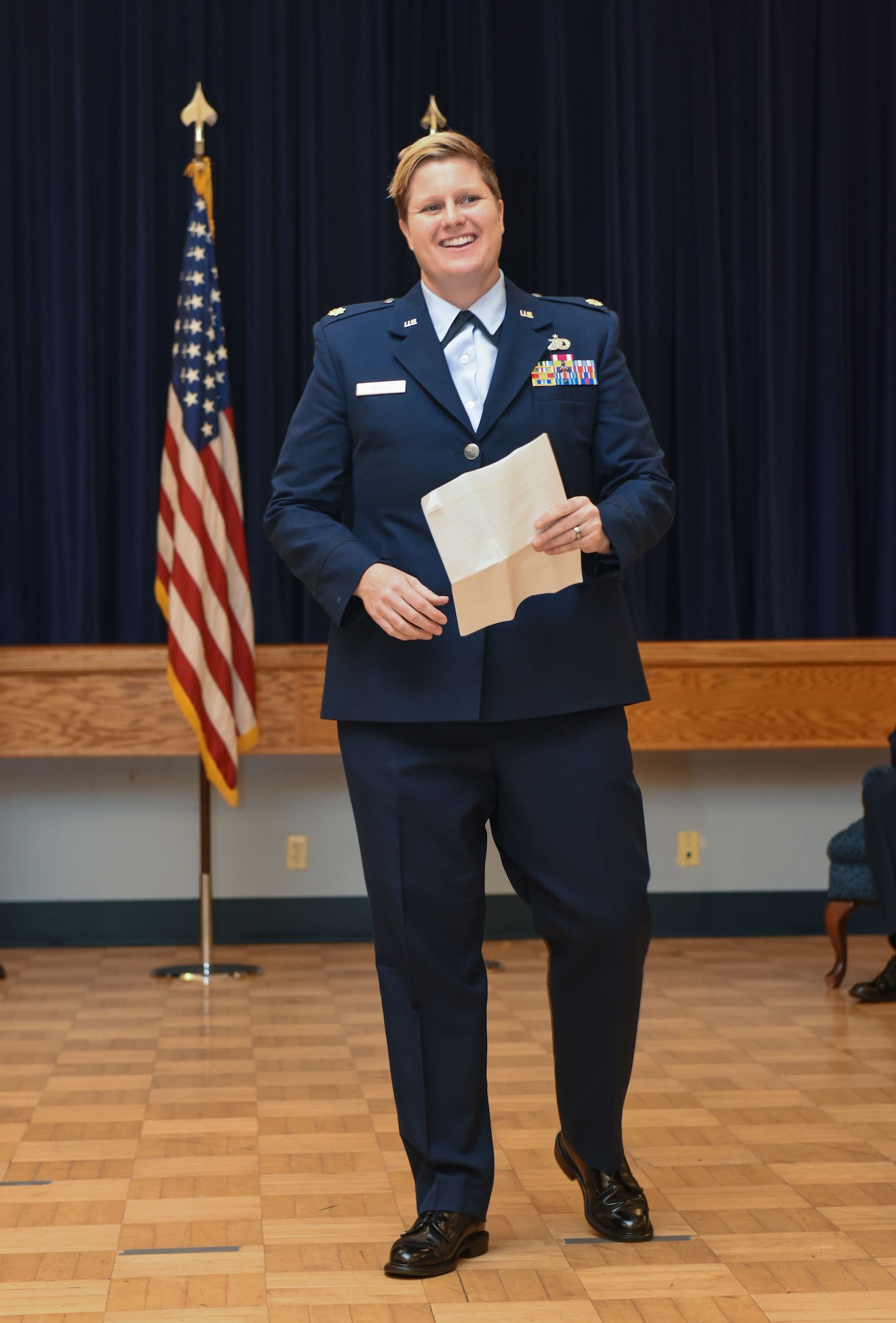 Maj. Alicia K. LaPray, 940th Force Support Squadron commander, speaks at a change of command ceremony Sept. 10, 2016, at Beale Air Force Base, California. LaPray took command of the 940 FSS from Lt. Col. Emily D. Dierhka. (U.S. Air Force photo by Staff Sgt. Brenda Davis)