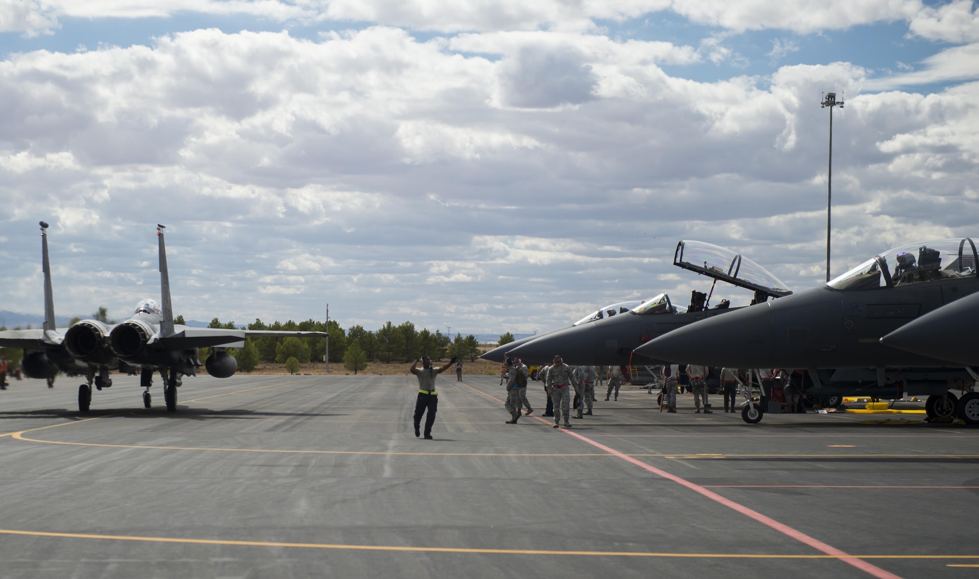 F-15E Strike Eagles, assigned to the 494th Fighter Squadron from Royal Air Force Lakenheath, England, prepare for takeoff in support of Tactical Leadership Programme 16-3 at Los Llanos Air Base, Spain, Sept. 15. Throughout its 39-year history, TLP has become the focal point for NATO’s Allied Air Forces tactical training, developing the knowledge and leadership skills necessary to face today's challenges. (U.S. Air Force photo/ Staff Sgt. Emerson Nuñez)
