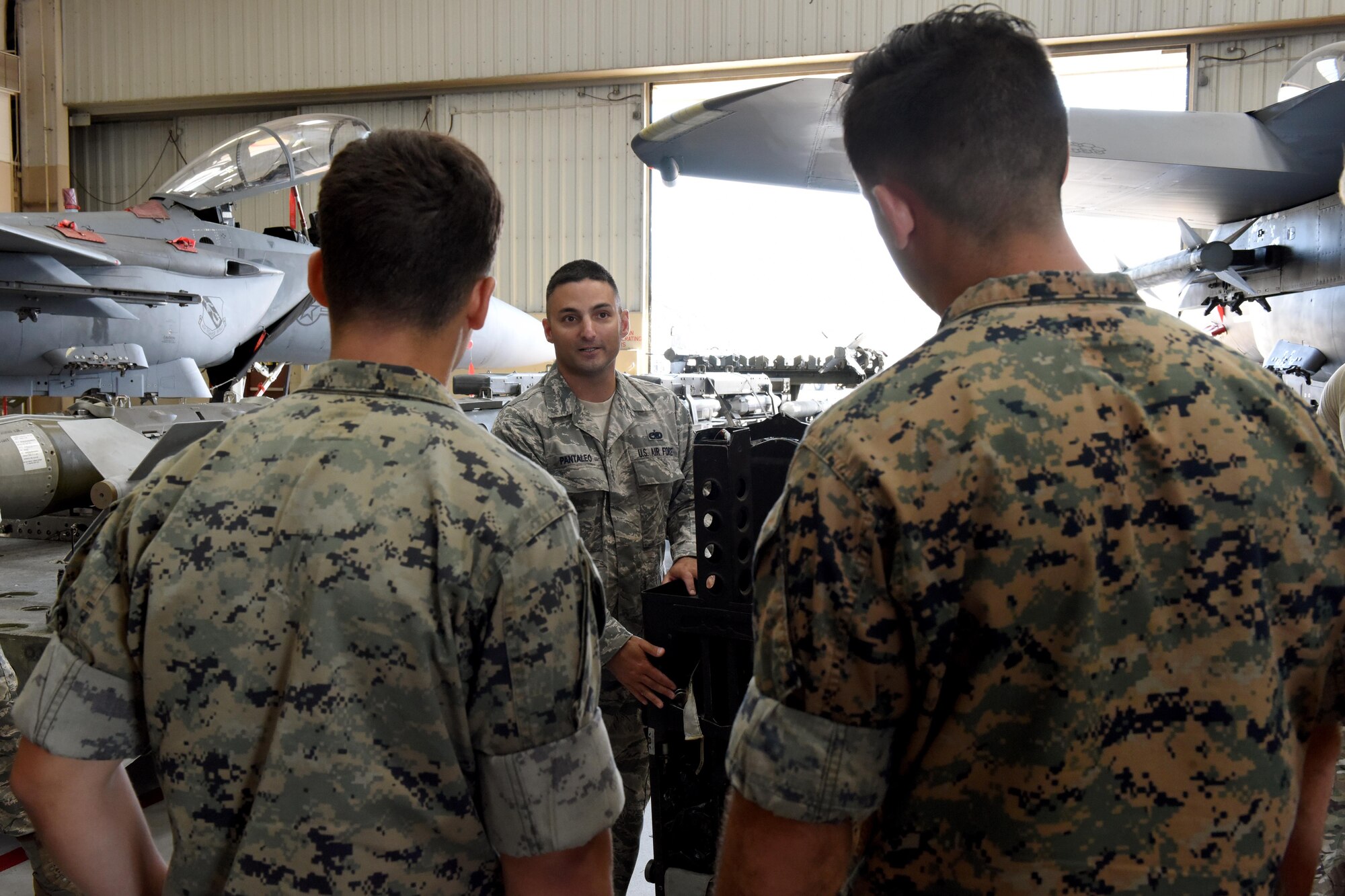 Tech. Sgt. Raymond Pantaleo (center), 4th Component Maintenance Squadron egress craftsman, describes ejecting capabilities in an F-15E Strike Eagle ejection seat during a three-day explosive ordnance disposal exercise, Sept. 13, 2016, at Seymour Johnson Air Force Base, North Carolina. The Airmen and Marines in attendance were able to climb on top of the aircraft and become familiar with the different functions of the F-15E. (U.S. Air Force photo by Airman Miranda A. Loera)