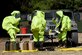 Explosive ordnance disposal technicians from the 4th Civil Engineer Squadron simulate a chemical spill and cleanup during a three-day EOD exercise Sept. 15, 2016, at Seymour Johnson Air Force Base, N.C. The last day of the exercise focused on chemical, biological, radiological and nuclear defense training. (U.S. Air Force photo/Airman Miranda A. Loera)