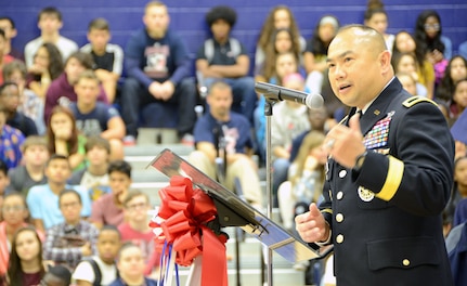 Brig. Gen. James Wong, U.S. Army South deputy commanding general and director of operations and National Guard affairs, speaks to students of Veterans Memorial High School during a dedication ceremony in San Antonio Sept. 9.