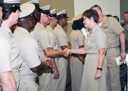 The new Navy Medicine chief petty officers received congratulations at Joint Base San Antonio-Fort Sam Houston Friday from Rear Adm. Rebecca McCormick-Boyle, commander of Naval Medical Education and Training Command.
