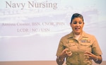 Lt. Cmdr. Annissa Cromer, Medical Education and Training Campus Surgical Technologist Program assistant Navy service lead, discusses Navy opportunities with local San Antonio perioperative nurses Sept. 12. Cromer is assigned to Navy Medicine Training Support Center as the assistant Navy service lead for the METC Surgical Technologist Program.