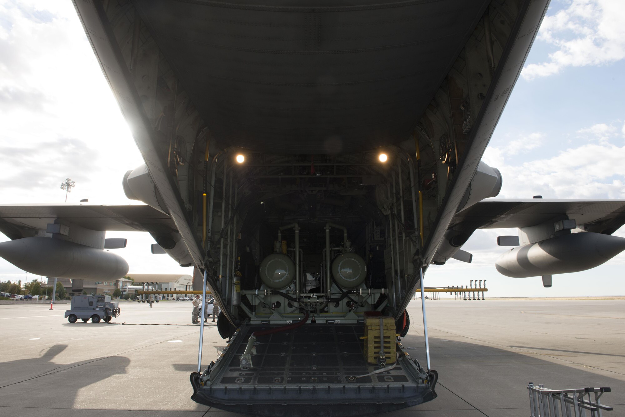 A C-130 from the 910th Air Wing sits on the flightline at Mountain Home Air Force Base, Idaho, Sept. 19, 2016. MHAFB airmen had the opportunity to take a tour of the aircraft and got a hands-on look at the mission conducted by the aerial spray team to prevent the spread of invasive plant species. (U.S. Air Force photo by Senior Airman Malissa Lott/Released)