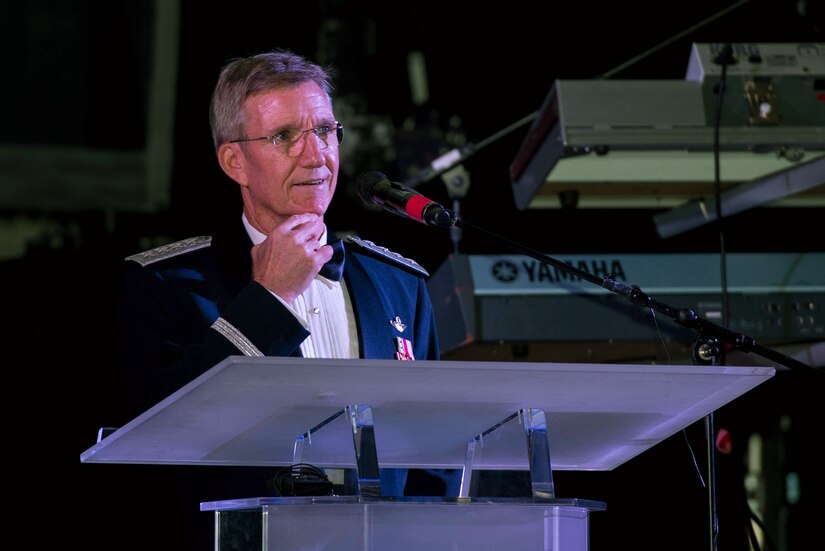 U.S. Air Force Gen. Hawk Carlisle, commander of Air Combat Command, speaks during the 100-year Gala celebration at the Hampton Roads Convention Center in Hampton, Va., Sept. 17, 2016. Carlisle discussed the history of Langley Field and the conditions the men faced who started construction in 1916. (U.S. Air Force photo by Airman 1st Class Derek Seifert)