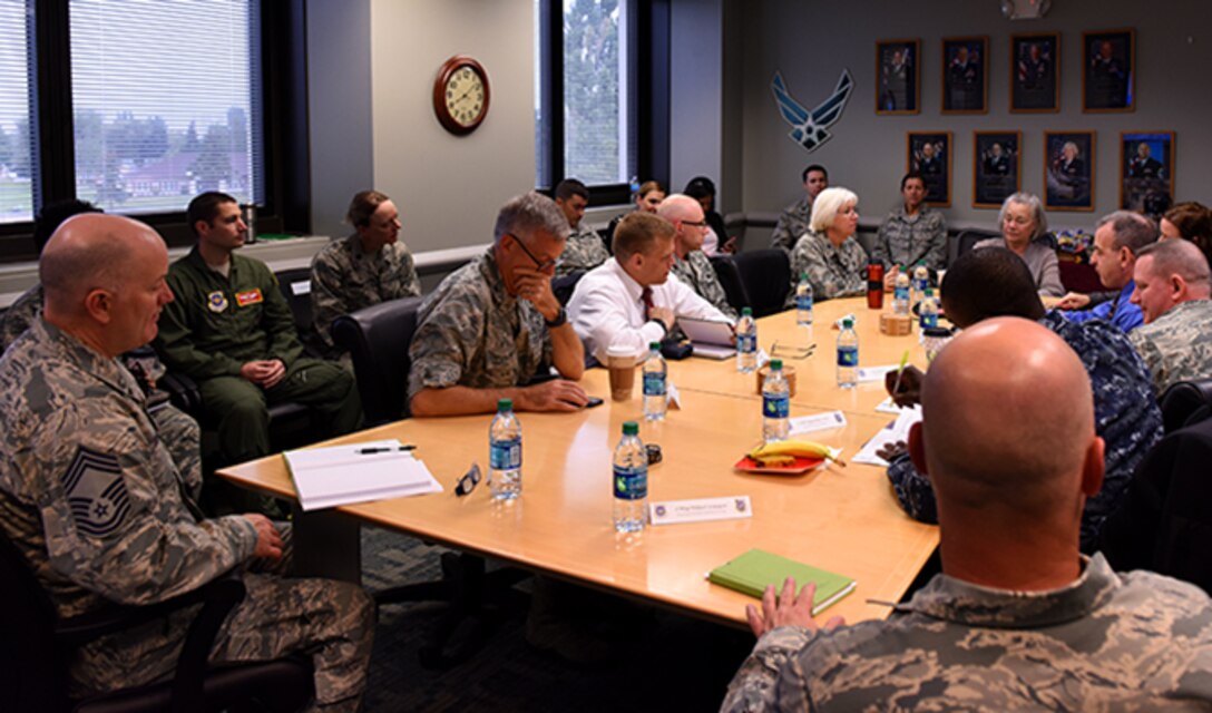 92nd Medical Group leadership and Department of Defense healthcare officials meet to discuss the Military Health System Genesis program at Fairchild Air Force Base, Sept. 7, 2016, at Fairchild Air Force Base, Wash. The briefing was held to update progress between teams on the MHS Genesis program after several months of training and testing at Fairchild. (U.S. Air Force photo/Airman 1st Class Ryan Lackey)