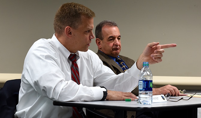 Craig Schaefer, Defense Healthcare Management Systems Modernization program manager, answers questions about the Military Health System Genesis program during a briefing on Sept. 7, 2016, at Fairchild Air Force Base, Wash. The MHS Genesis program is slated for release early 2017. (U.S. Air Force photo/Airman 1st Class Ryan Lackey)