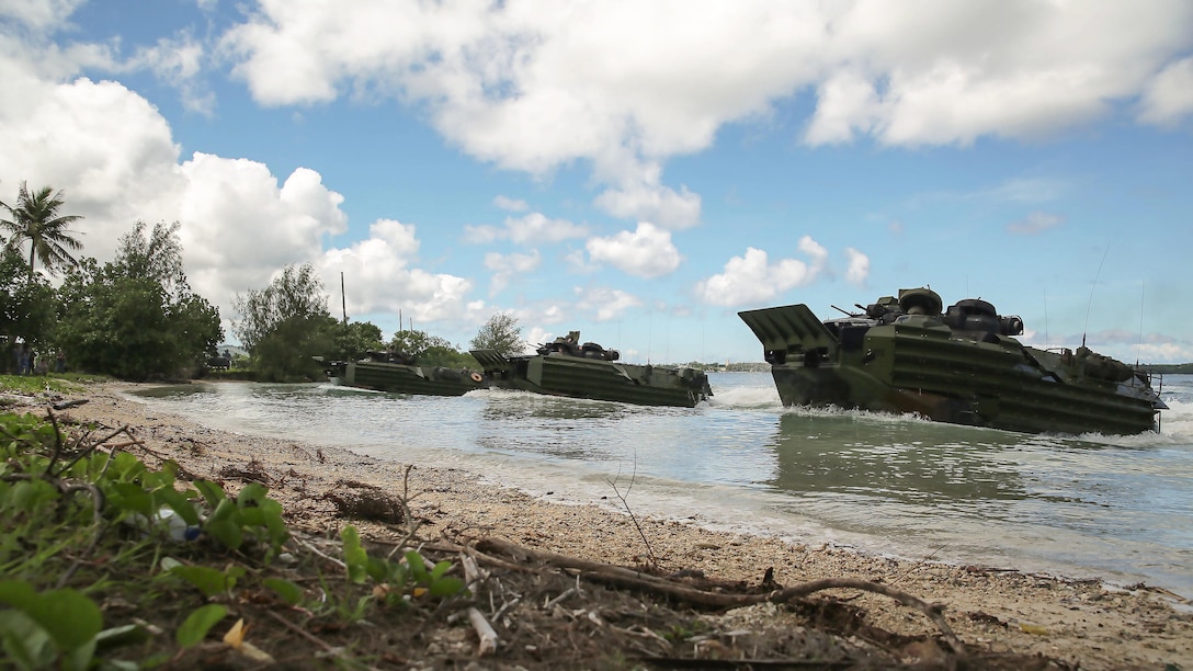 Assault amphibious vehicles head toward the Naval Base Guam Reserve Landing Craft Beach to conduct a mechanized raid during Exercise Valiant Shield 16, Sept. 20, 2016. The battalion landing team from Battalion Landing Team 2nd Battalion, 4th Marines,  executed the raid to seize operationally significant terrain for follow on operations as part of island seizure for the exercise. VS16 is a U.S.-only, biennial field training exercise focused on integration of joint training in a blue-water environment among U.S. forces.