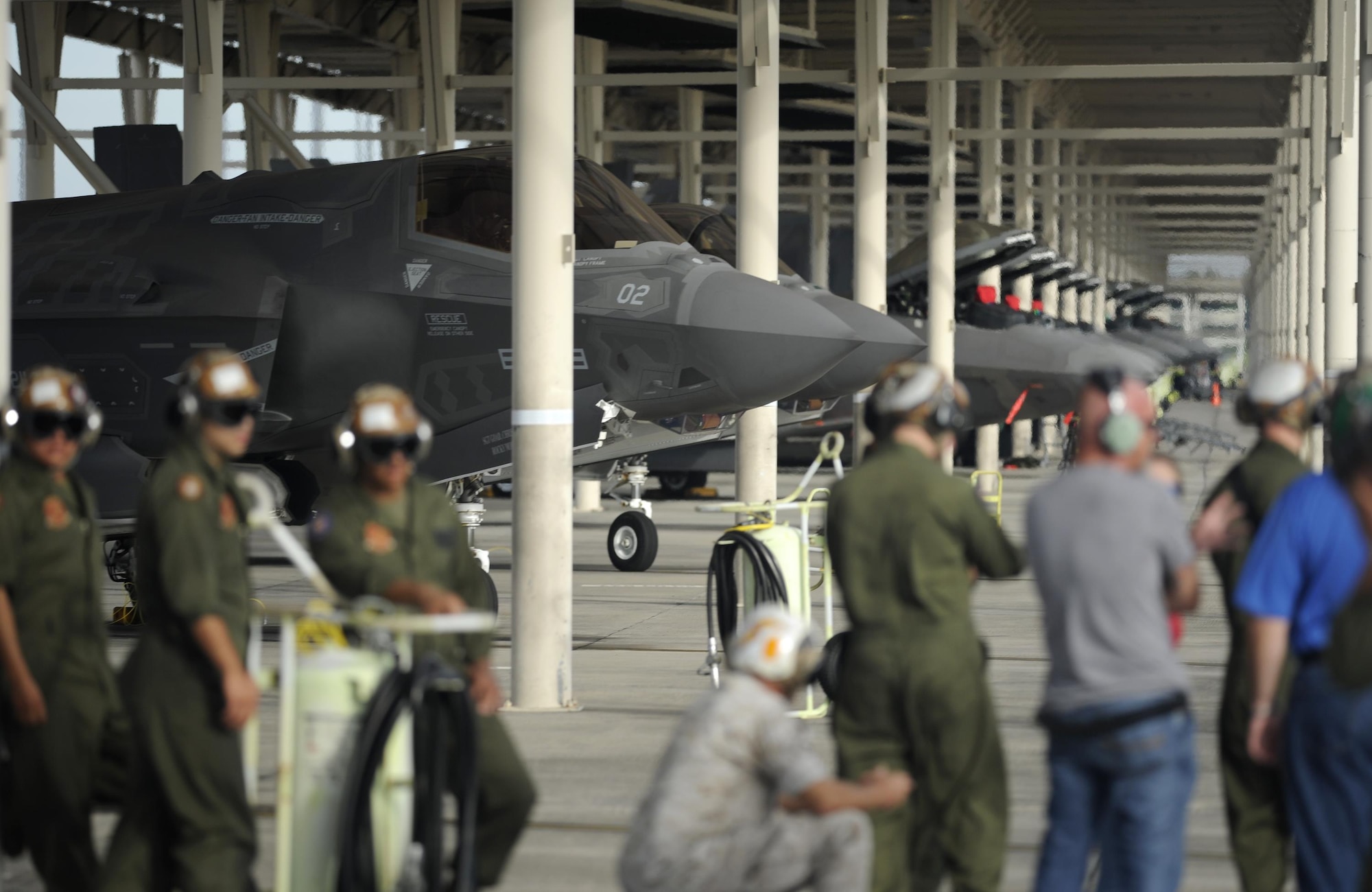 U.S. Marines from the Marine Fighter Attack Squadron (VMRA) 211, wait for operations to start during a 53rd Weapon Evaluation Group Combat Archer on the Tyndall flightline Sept. 16, 2016 . During this WSEP, VMFA 211 brought four F-35 Lightning IIs and 112 Marine aircraft maintainers and support personnel to assist in the first operational F-35 live air-to-air missile firing Sept. 15. (U.S. Air Force photo by Senior Airman Solomon Cook/Released)