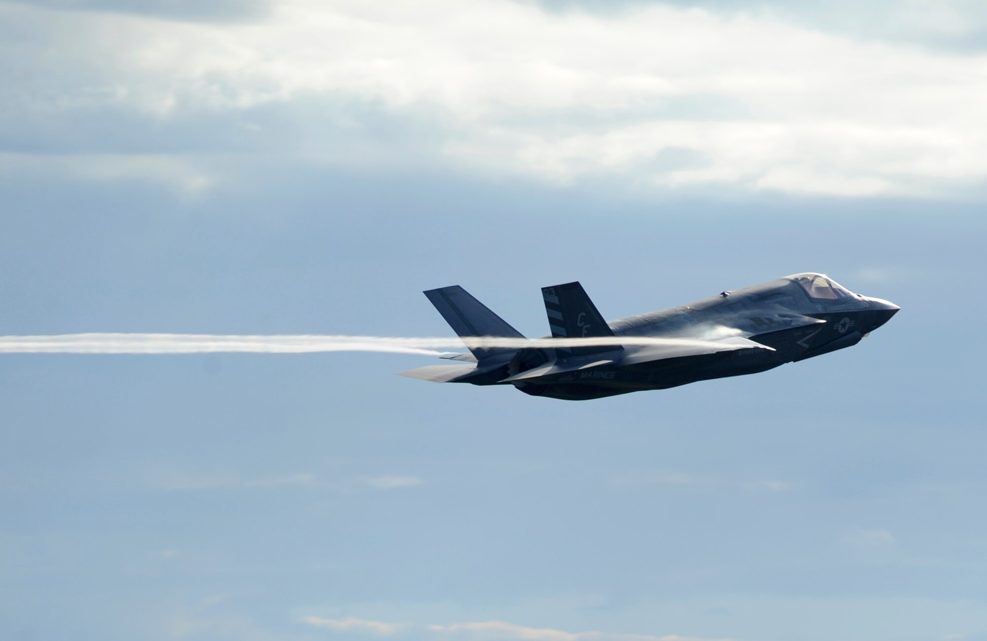 A U.S. Marine F-35 Lightning II from the Marine Fighter Attack Squadron (VMRA) 211, takes off during a 53rd Weapon Evaluation Group Weapon System Evaluation Program from the Tyndall flightline Sept. 16, 2016. This WSEP marked Marine Fighter Attack Squadron 211’s first deployment since standing up the unit on June 30, and was the first operational F-35 firing of a live air-to-air missile (during Combat Archer). (U.S. Air Force photo by Senior Airman Solomon Cook/Released)