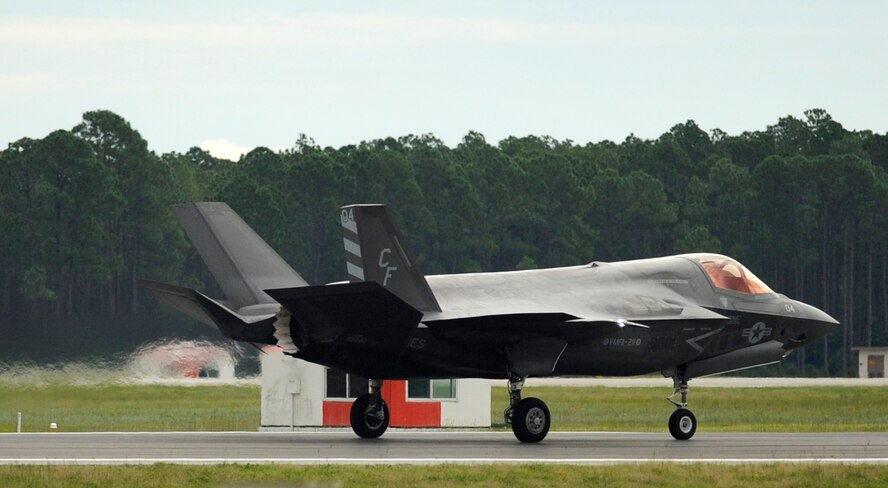 A U.S. Marine F-35 Lightning II from the Marine Fighter Attack Squadron (VMFA) 211 speeds down the runway during a 53rd Weapon Evaluation Group, Weapon System Evaluation Program at the Tyndall flightline Sept. 16, 2016. During this WSEP, VMFA 211 completed numerous sorties including the one that fired the first operational F-35  AIM-120 Advanced Medium-Range Air-to-Air Missile. (U.S. Air Force photo by Senior Airman Solomon Cook/Released) 