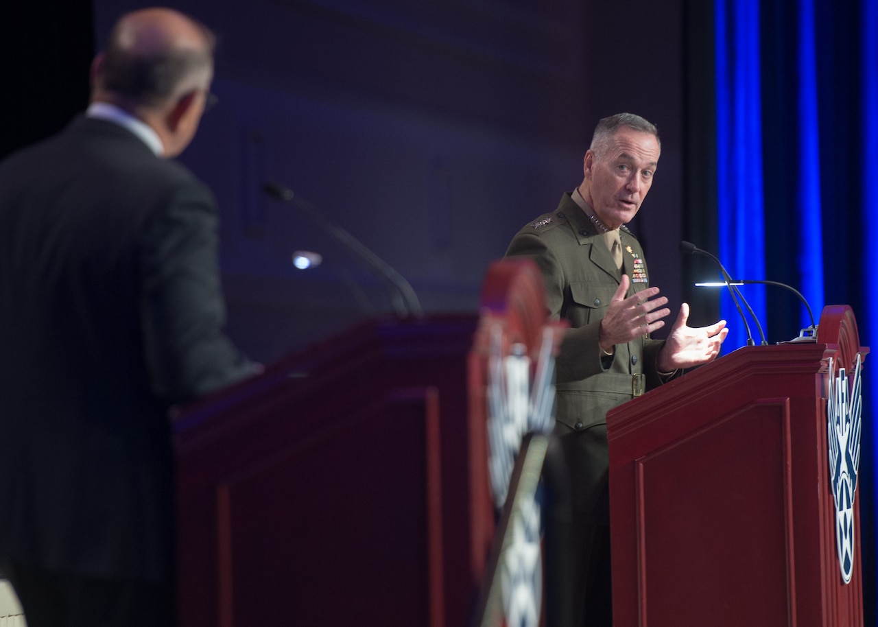 Marine Corps Gen. Joe Dunford, chairman of the Joint Chiefs of Staff, speaks at the Air, Space, and Cyber conference hosted by the Air Force Association at National Harbor, Md., Sept. 21, 2016. DoD Photo by Navy Petty Officer 2nd Class Dominique A. Pineiro