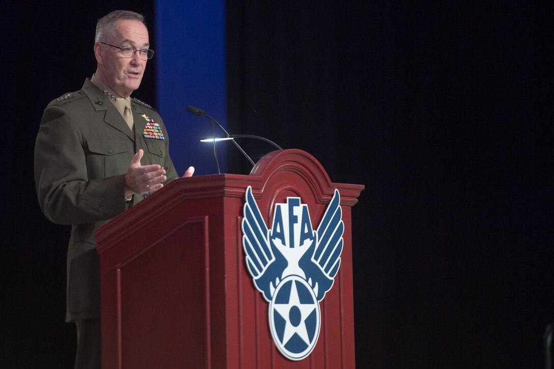 Marine Corps Gen. Joe Dunford, chairman of the Joint Chiefs of Staff, addresses participants at the Air Force Association's Air, Space and Cyber Conference at National Harbor, Md., Sept. 21, 2016. DoD photo by Navy Petty Officer 2nd Class Dominique A. Pineiro