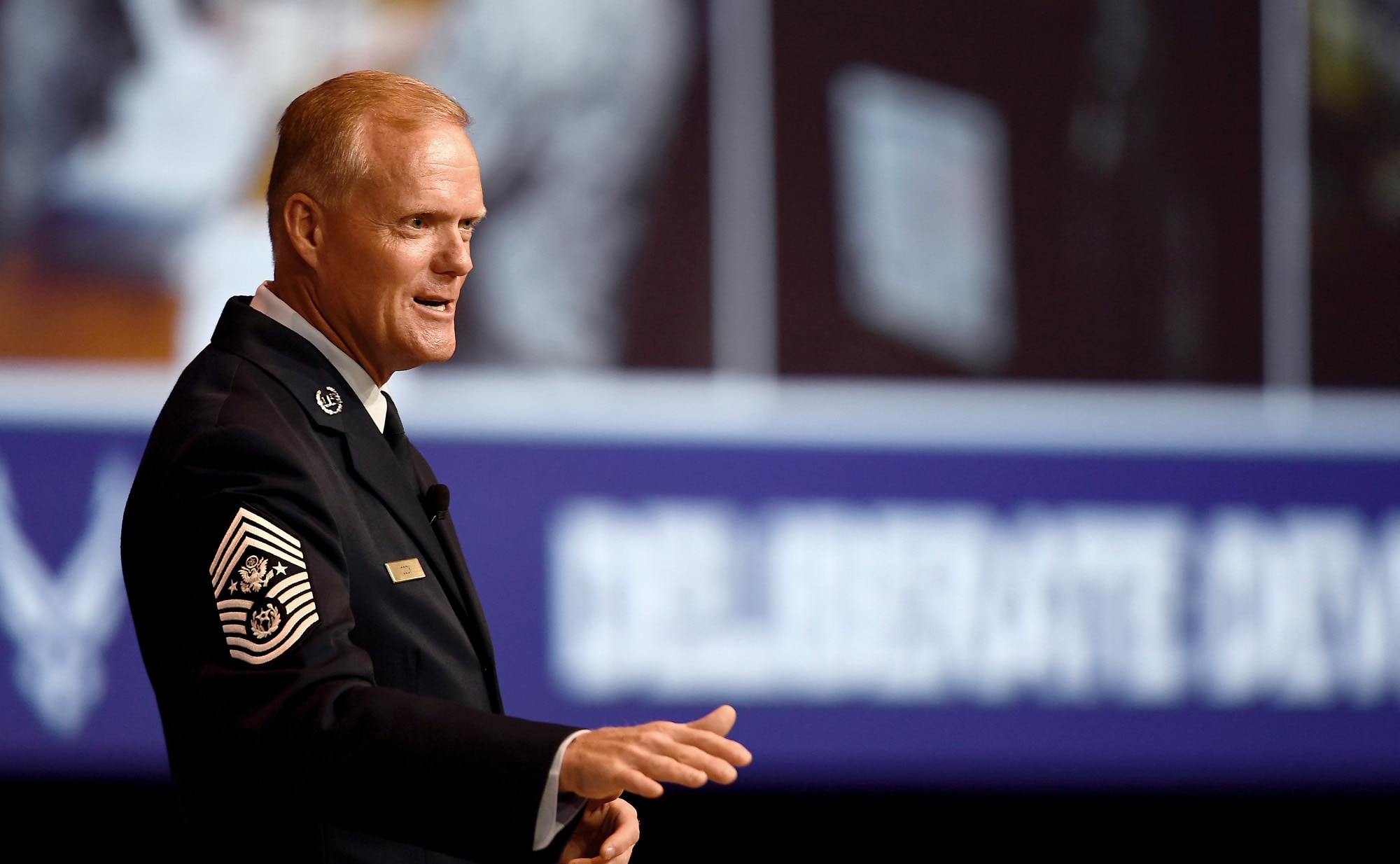 Chief Master Sgt. of the Air Force James A. Cody speaks during a session at the Air Force Association's Air, Space and Cyber Conference in National Harbor, Md., Sept. 21, 2016.  Cody's presentation focused on taking care of Airmen at all levels. (U.S. Air Force photo/Tech. Sgt. Bryan Franks)