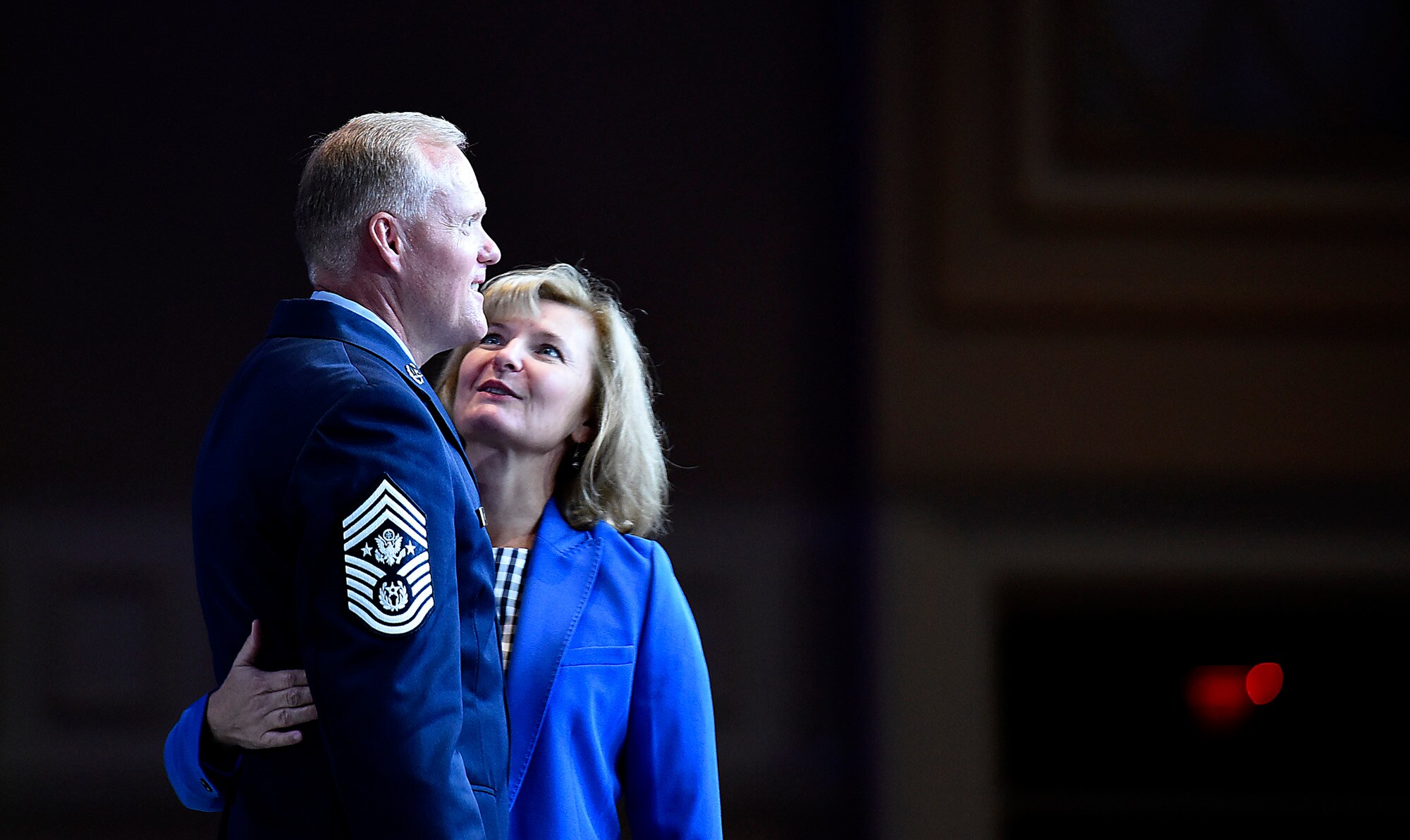 Chief Master Sgt. of the Air Force James A. Cody is joined on stage by his wife, Athena, during a session at the Air Force Association's Air, Space and Cyber Conference in National Harbor, Md., Sept. 21, 2016.  Cody's presentation focused on taking care of Airmen at all levels. (U.S. Air Force photo/Staff Sgt. Alyssa C. Gibson)