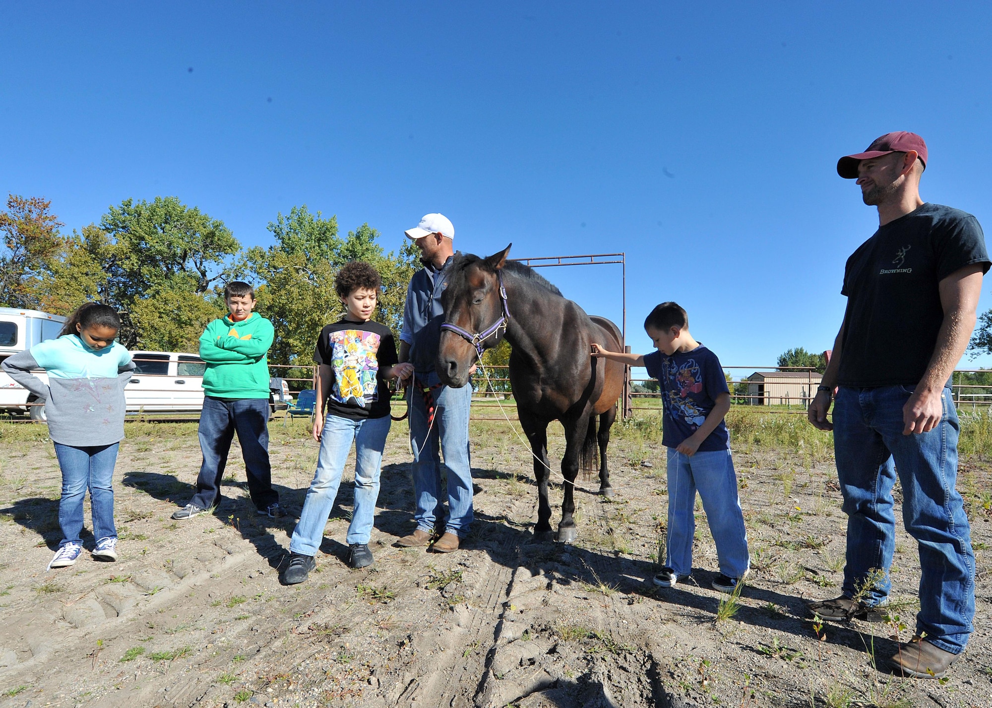 Children begin Equine Camp activities by walking horses on Grand Forks Air Force Base, N.D. Sept. 17, 2016. The Grand Forks AFB Exceptional Family Member Program sponsored the camp which supported development in self-esteem, self-confidence and team building by encouraging children to interact with horses through different activities. (U.S. Air Force photo by Airman 1st Class Elijaih Tiggs)