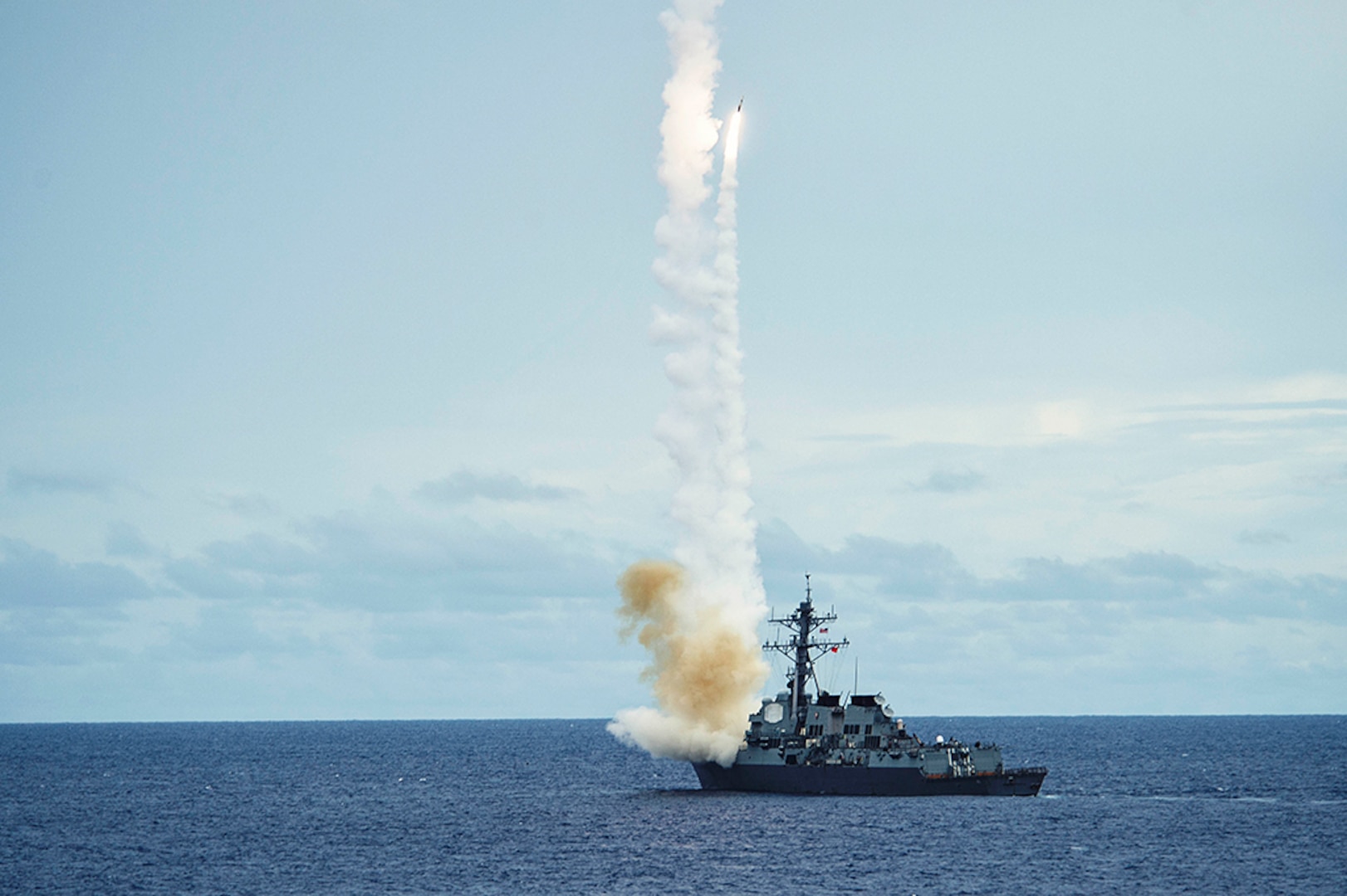 The Arleigh Burke-class guided-missile destroyer USS McCampbell (DDG 85) fires a standard missile (SM 2) at a target drone as part of a surface-to-air-missile exercise (SAMEX) during Valiant Shield 2016. Valiant Shield is a biennial, U.S. only, field-training exercise with a focus on integration of joint training among U.S. forces. This is the sixth exercise in the Valiant Shield series that began in 2006. McCampbell is on patrol with Carrier Strike Group Five (CSG 5) in the Philippine Sea supporting security and stability in the Indo-Asia-Pacific region.