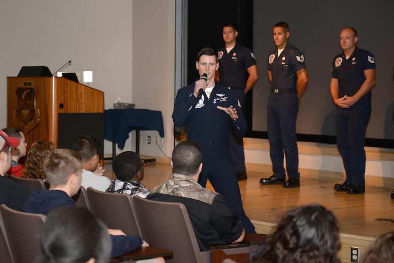 U.S. Air Force Thunderbird pilot number two, Capt. Ryan Bodenheimer, talks to students from seven local Wichita Falls, Texas, high schools and two from Dallas, during the Sheppard Air Force Base, Texas, career fair, Sept. 16, 2016. The career fair provided an opportunity for students to learn about the Air Force and the various careers it offers. (U.S. Air Force photo by Senior Airman Kyle E. Gese)