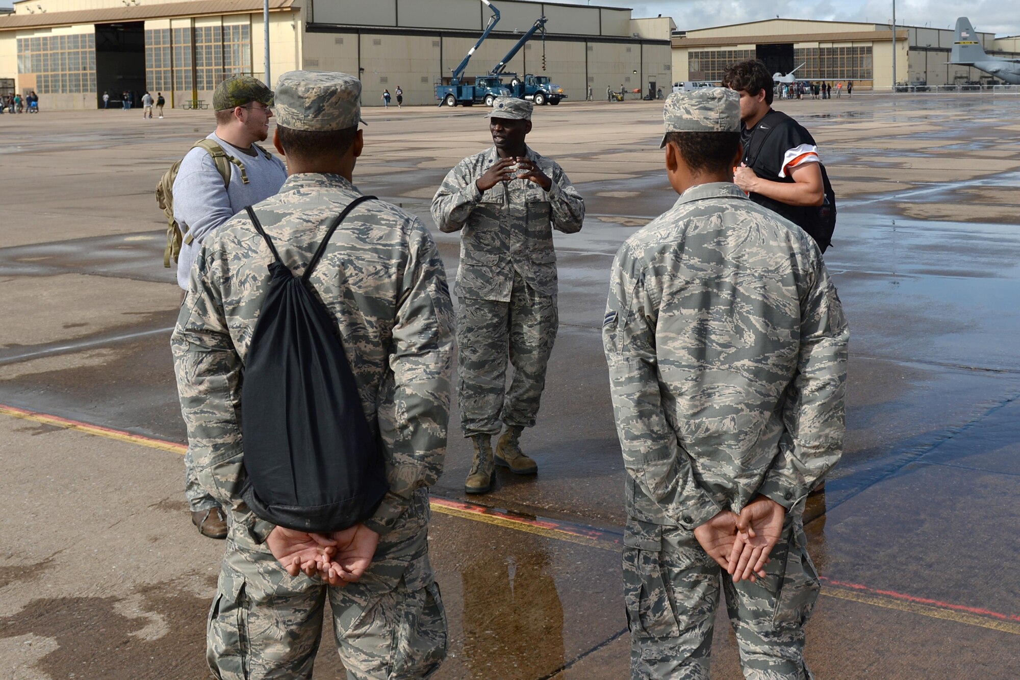 Lt. Col. Arnold Bowen, 365th Training Squadron commander, talks with students from seven local Wichita Falls, Texas, high schools and two from Dallas, during the Sheppard Air Force Base, Texas, career fair, Sept. 16, 2016. The career fair provided an opportunity for students to learn about the Air Force and the various careers it offers. (U.S. Air Force photo by Senior Airman Kyle E. Gese)