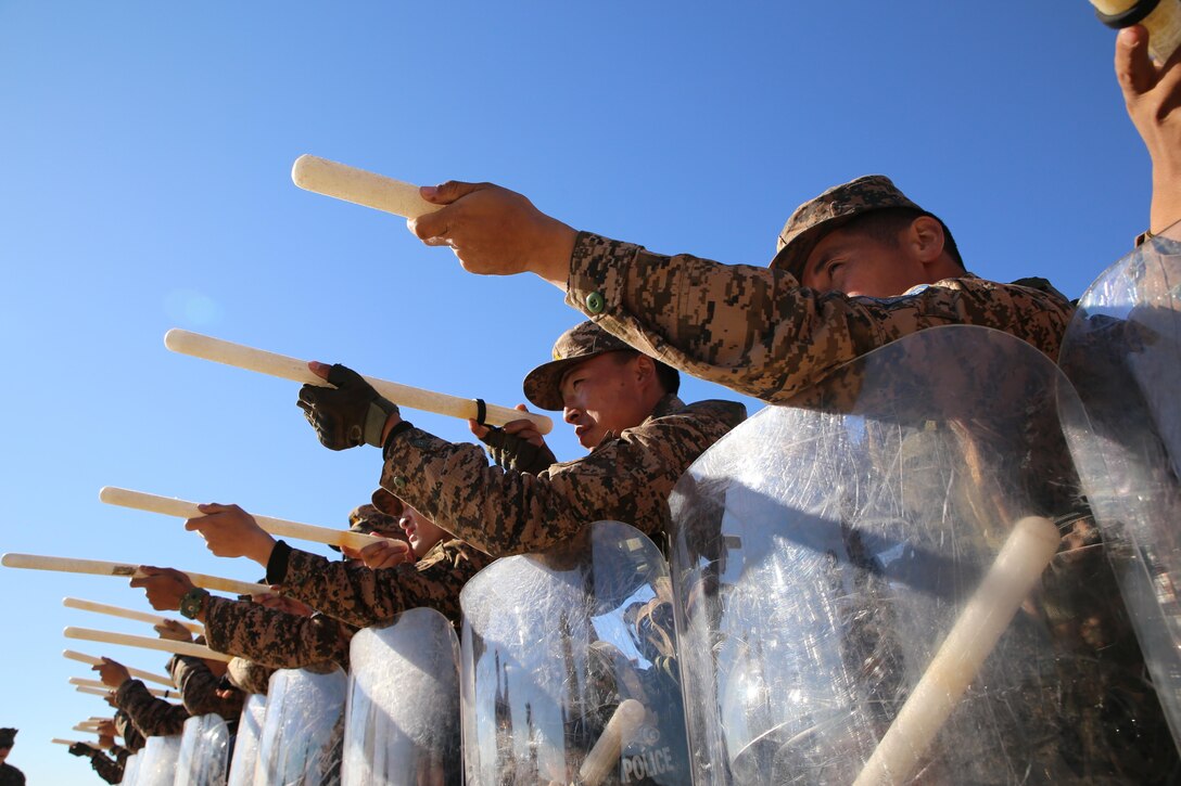 Mongolian Armed Forces soldiers practice firing non-lethal weapons during a simulated riot for Non-Lethal Executive Seminar (NOLES) 2016 at Five Hills Training Area, Mongolia, Sept. 20, 2016. Mongolian soldiers and National Police completed the final portion of the field training exercise for NOLES with a riot control situation. Non-lethal weapons are designed to incapacitate equipment and personnel while minimizing fatalities and permanent injury to personnel, and undesired collateral damage to property. 