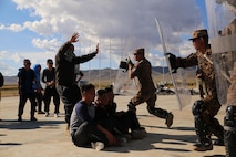 Mongolian Armed Forces soldiers and Mongolian National Police practice riot control techniques during Non-Lethal Executive Seminar (NOLES) 2016 at Five Hills Training Area, Mongolia, Sept. 20, 2016. The final portion of the field training exercise for NOLES included a riot control situation. Non-lethal weapons are designed to incapacitate equipment and personnel while minimizing fatalities and permanent injury to personnel, and undesired collateral damage to property. 