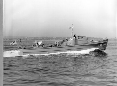 A newly launched 83-footer, the GC-624 (later 83373 & CG-14 in Rescue Flotilla 1).  These wooden-hulled cutters were all built by Wheeler Shipyard in Brooklyn, New York.  The first 145 cutters were fitted with an Everdur bronze wheelhouse but due to a growing scarcity of that metal during the war, the latter units were fitted with a plywood wheelhouse.  A total of 230 83-footers were built and entered service with the Coast Guard during the war.  Twelve other 83-footers were built for the Navy and were transferred to Latin American navies.

Note the 20mm/80 on her quarterdeck and the depth charge tracks off her stern.
