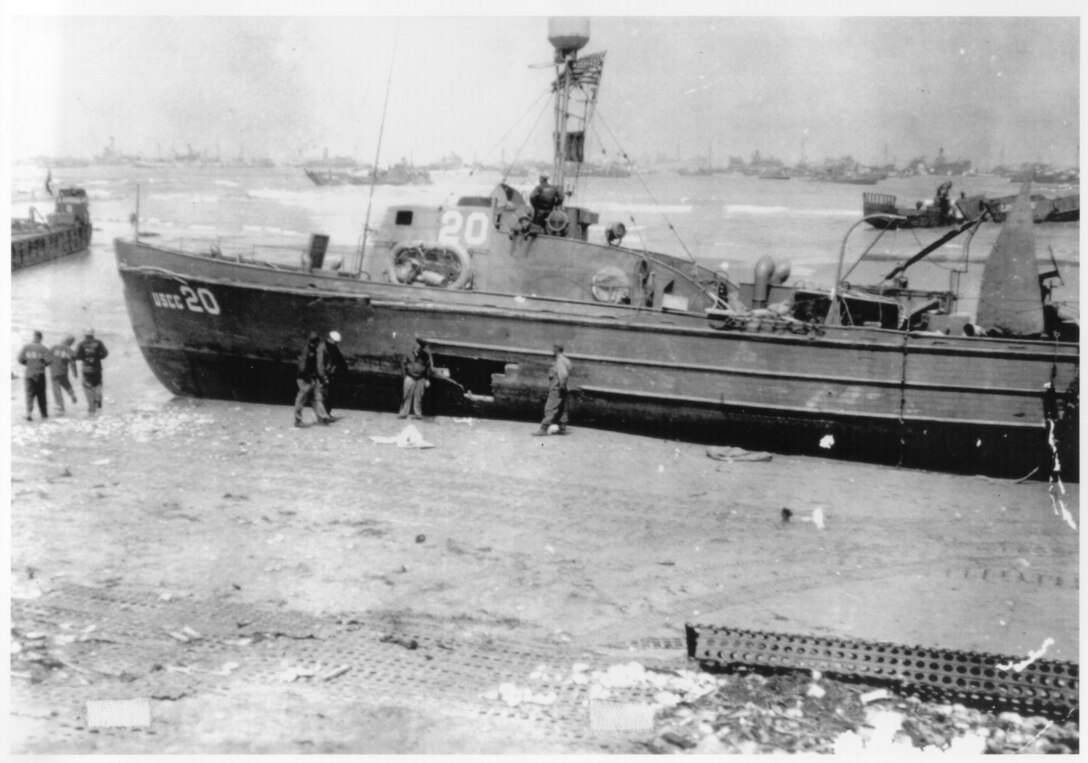 The USCG-20 was driven ashore during the storm that destroyed the artificial harbors in June, 1944.  She was repaired and transferred to the Royal Navy (through the WSA) later that year.