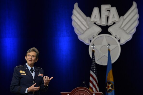Gen. Ellen M. Pawlikowski, the Air Force Materiel Command commander, speaks to an audience during the Air Force Association's Air, Space and Cyber Conference in National Harbor, Md., Sept. 21, 2016. She spoke about the importance of cyber security. (U.S. Air Force photo/Staff Sgt. Whitney Stanfield)

