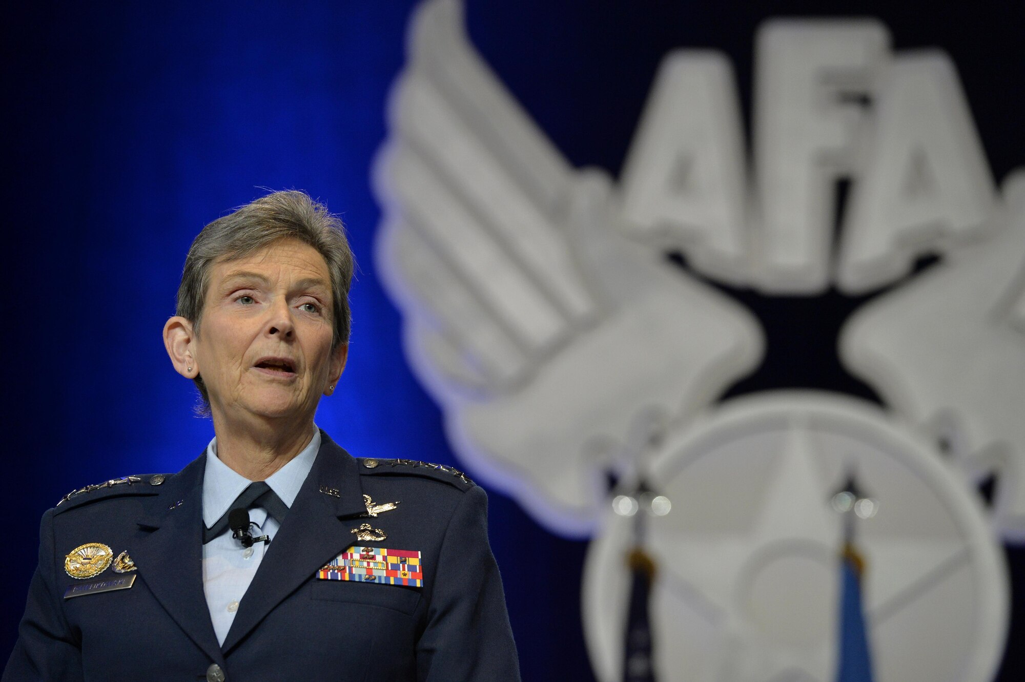 Gen. Ellen M. Pawlikowski, the Air Force Materiel Command commander, speaks to an audience during the Air Force Association's Air, Space and Cyber Conference in National Harbor, Md., Sept. 21, 2016. She spoke about the importance of cyber security. (U.S. Air Force photo/Staff Sgt. Whitney Stanfield)

