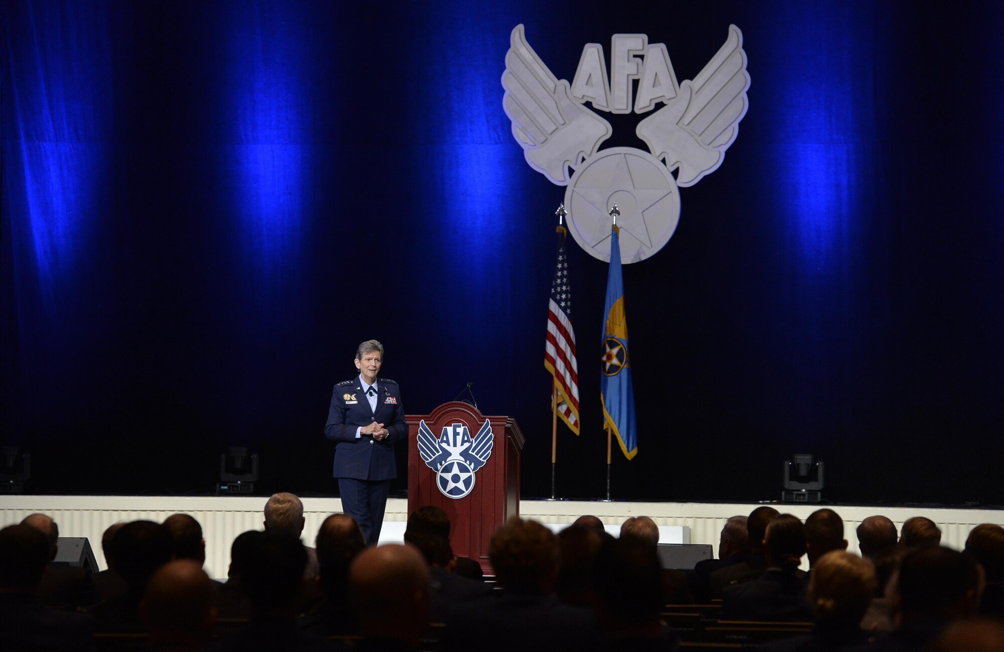 Gen. Ellen M. Pawlikowski, the Air Force Materiel Command commander, speaks to an audience during the Air Force Association's Air, Space and Cyber Conference in National Harbor, Md., Sept. 21, 2016. She spoke about the importance of cyber security. (U.S. Air Force photo/Staff Sgt. Whitney Stanfield)

