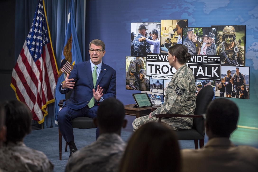 Defense Secretary Ash Carter answers questions during a worldwide troop talk at the Pentagon, Sept. 21, 2016. DoD photo by Air Force Tech. Sgt. Brigitte N. Brantley