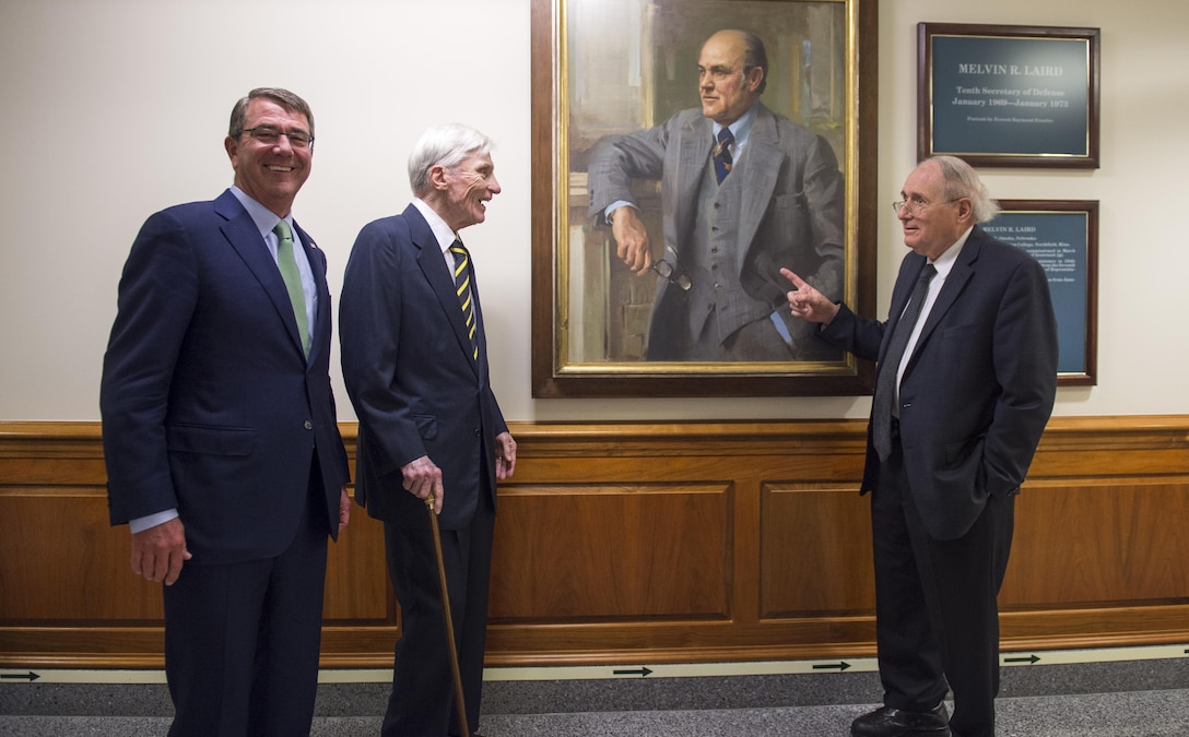 Secretary of Defense Ash Carter speaks with former U.S. Senators Carl Levin, D-Mich., and John W. Warner, R-Va., prior to a ceremony in which the secretary honored their distinguished service to the Defense Department while they served as chairmen of the Senate Armed Forces Committee in a Pentagon ceremony in the Hall of Heroes, Sept. 21, 2016. Carter also dedicated the Levin-Warner Legislative Affairs Suite in the Pentagon during the ceremony. DoD photo by Air Force Tech. Sgt. Brigitte N. Brantley