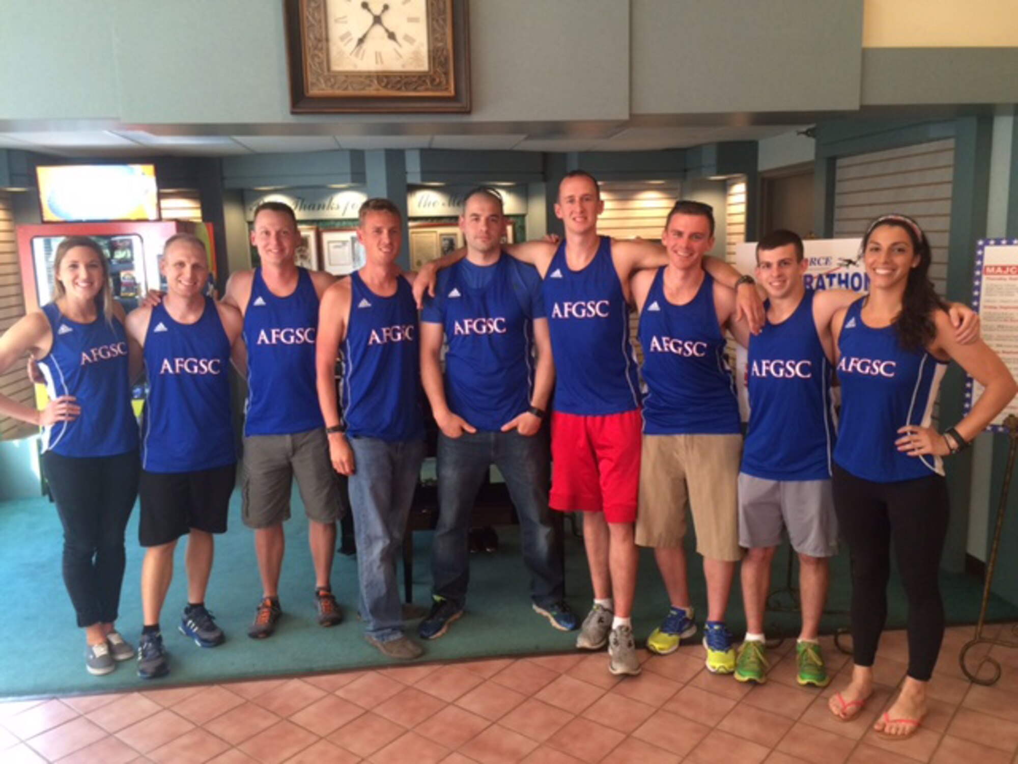 U.S. Air Force Airmen of Air Force Global Strike Command pose for a photo at Wright-Patterson Air Force Base, Ohio, Sept. 16, 2016. The AFSGC team competed in the Major Command challenge during the Air Force Marathon in hopes of beating out other MAJCOMS across the world. The Airmen are stationed in Dyess AFB, Texas, Minot AFB, N.D. and Grand Forks AFB, N.D. (Courtesy photo)