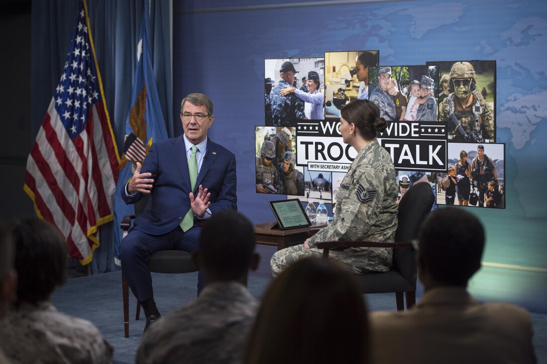 Secretary of Defense Ash Carter answers questions during a Worldwide Troop Talk at the Pentagon in Washington, D.C., Sept. 21, 2016. DoD photo by Air Force Tech. Sgt. Brigitte N. Brantley
