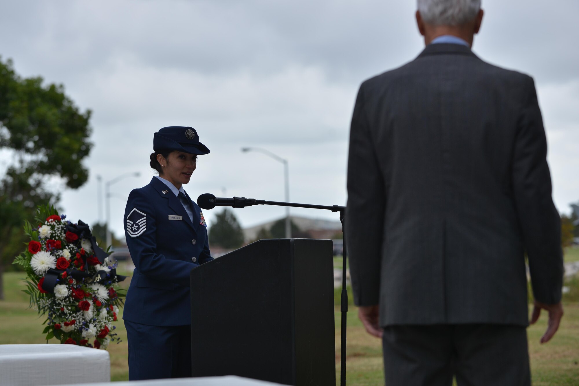 U.S. Air Force Lt. Col. (Ret.) Barry Bridger, former 43rd Tactical Fighter Squadron F-4 Phantom aircraft commander, receives a shadowbox from Master Sgt. Vanessa Reeves, Prisoner of War/Missing in Action committee chairman, during a POW/MIA closing ceremony at Joint Base Langley-Eustis, Va., Sept. 15, 2016. Bridger is a highly decorated veteran and survivor of six years in Vietnam's infamous “Hanoi Hilton” prison camp. (U.S. Air Force photo by Staff Sgt. Natasha Stannard) 