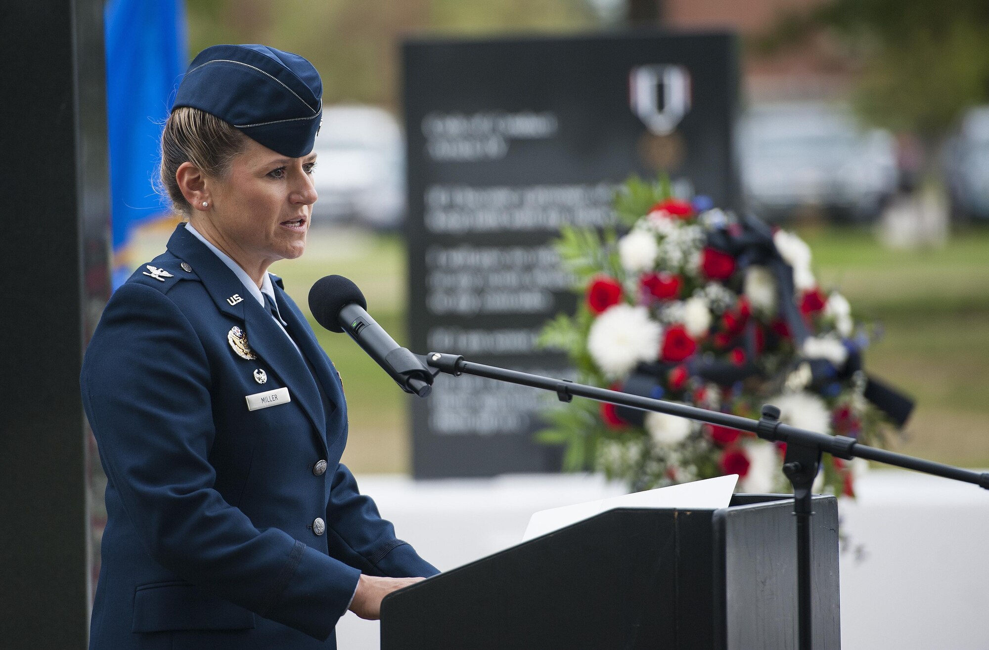 Col. Caroline M. Miller, 633rd Air Base Wing commander, during a Prisoner of War/Missing in Action closing ceremony at Joint Base Langley-Eustis, Va., Sept. 16, 2016. Since World War I, more than 150,000 Americans have been held as prisoners of war and more than 83,400 service members are still unaccounted for. (U.S. Air Force photo by Staff Sgt. Nick Wilson)