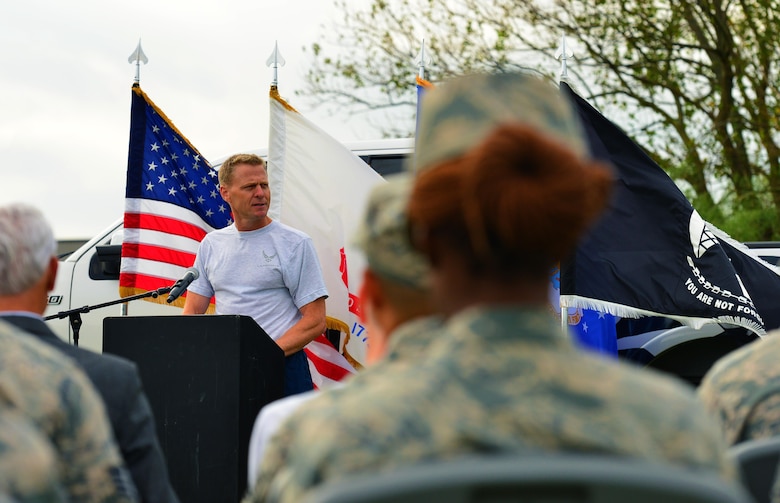 U.S. Air Force Col. Donald Borchelt, 1st Fighter Wing vice commander, speaks during the National POW/MIA Recognition Day ceremony at Joint Base Langley-Eustis, Va., Sept. 15, 2016. The ceremony was held in honor and remembrance of all prisoners of war and service members missing in action. (U.S. Air Force photo by Airman 1st Class Tristan Biese)