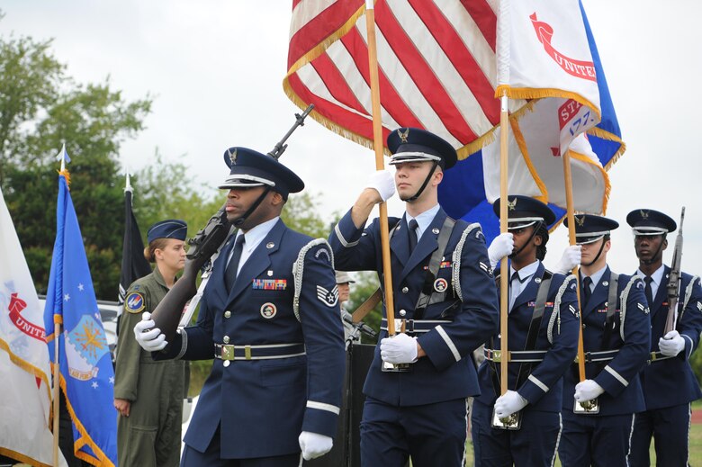 Members of the 633rd Air Base Wing Honor Guard march off the field after a Prisoner of War/Missing in Action opening ceremony at Joint Base Langley-Eustis, Va., Sept. 15, 2016. . The ceremony was held to give Team Langley’s community an opportunity to honor those who survived and remember service members who still remain missing in action today. (U.S. Air Force photo by Staff Sgt. Nick Wilson/Released)
