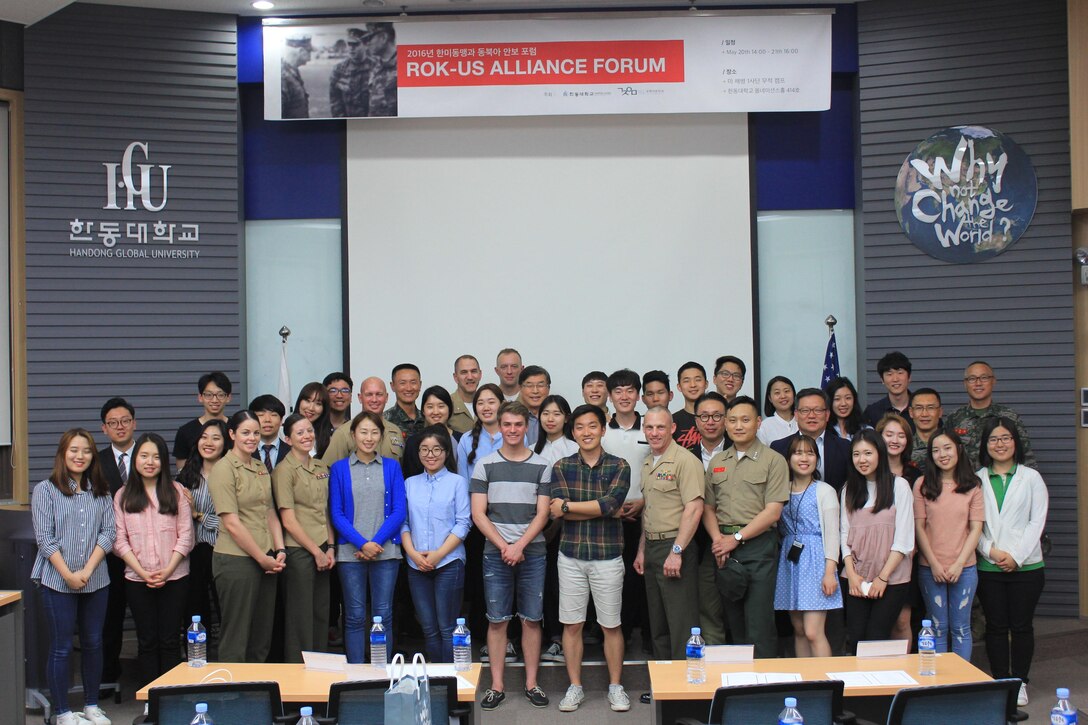 Members of U. S. Marine Corps Forces Korea participated in a ROK - U. S. Alliance Forum at Hongdong Global University.