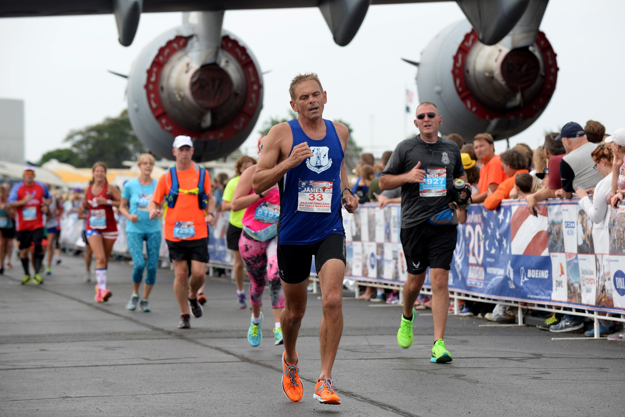 U.S. Air Force Maj. James Munnis, a pilot with the 167th Airlift Wing, West Virginia, races to the finish of the Air Force Marathon Sepetember 17, 2016, at Wright Patterson A.F.B, Ohio. Stewart competed for the Air National Guard marathon team in the MAJCOM Challenge. (U.S. Air National Guard photo by Senior Master Sgt. Ralph Branson/Released) 