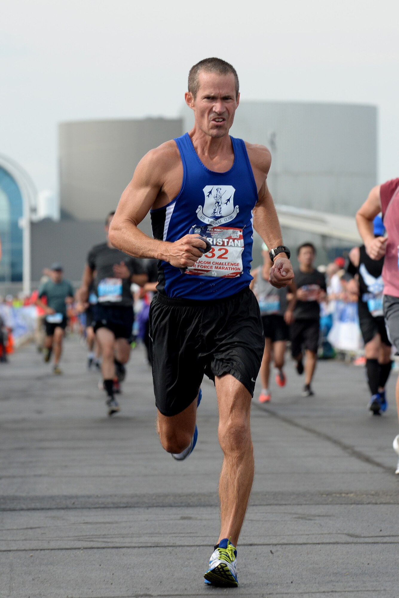 Col Christian Stewart, state air surgeon from the 123rd Airlift Wing, Kentucky, powers through the finish of the Air Force Marathon Sepetember 17, 2016, at Wright Patterson A.F.B, Ohio. Stewart competed for the Air National Guard marathon team in the MAJCOM Challenge. (U.S. Air National Guard photo by Senior Master Sgt. Ralph Branson/Released)
