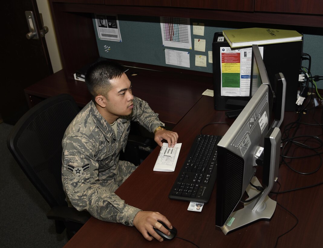 U.S. Air Force Airman 1st Class Samuel San Pedro, an aircraft parts store apprentice with the 35th Logistics Readiness Squadron, checks the Enterprise Solutions System for a list of requested items at Misawa Air Base, Japan, Sept. 20, 2016. The system is used for requesting parts between aircraft maintenance and supply personnel. ESS contains a list of every item in stock, as well as a list of items to be pulled for issue. (U.S. Air Force photo by Airman 1st Class Sadie Colbert)